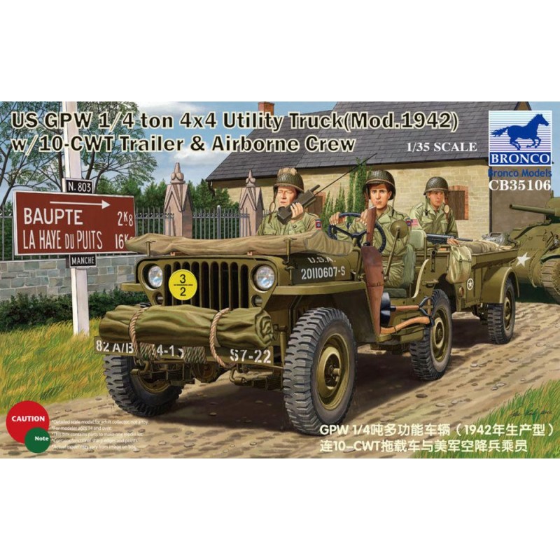 US GPW 1/4ton 4×4 Utility Truck (Mod.1942) w/10-cwt Trailer & Airborne Crew  -  Bronco (1/35)